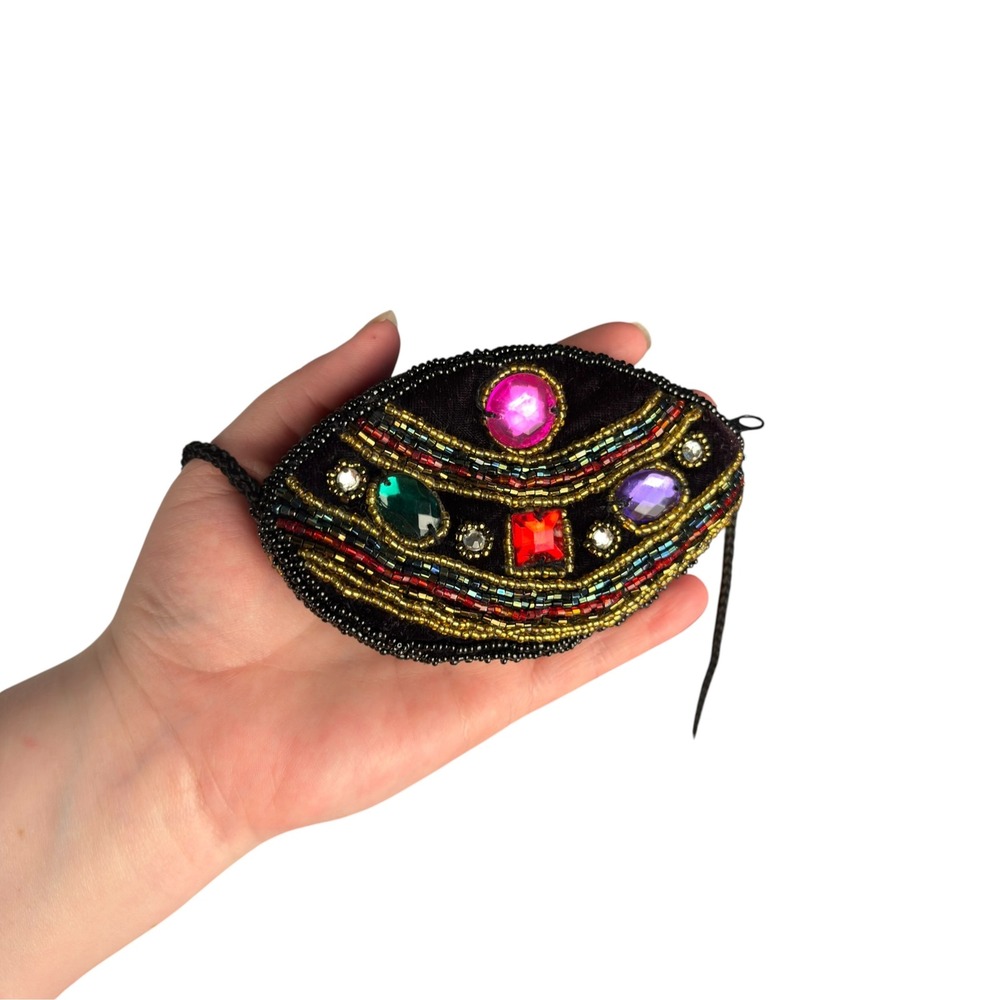 Unbranded Beaded Jewel Micro Purse Black Velvet Boho Evening Bag Small